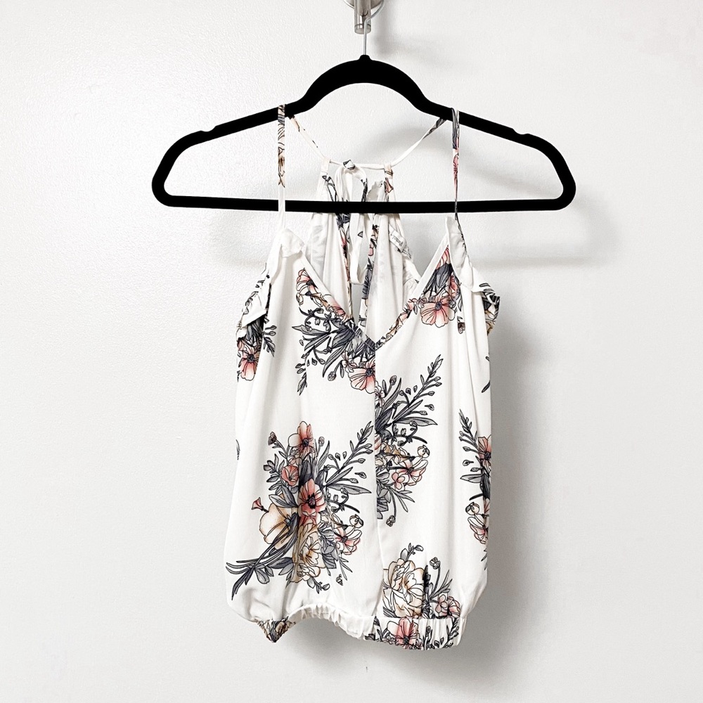 Bishop + Young Adjustable Tie Racerback Floral Sleeveless Blouse White Small